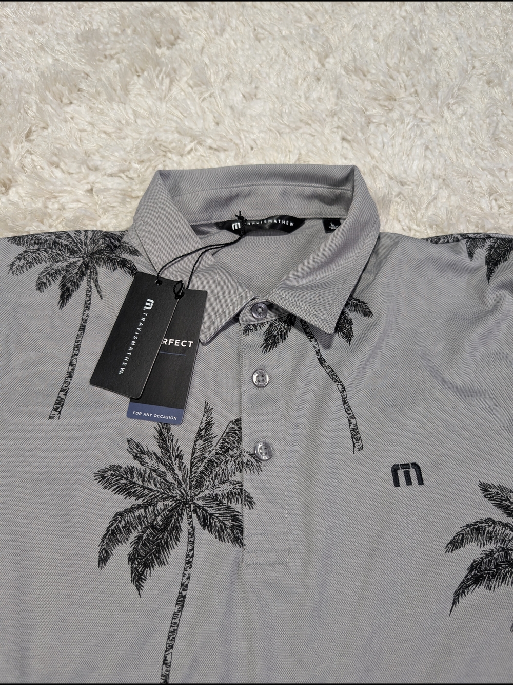 Travis Mathew Grey Polo with Black Palm Tree Print
